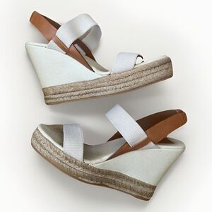 Tory Burch Sandals 9.5‎ Espadrille Slingback Cream Brown Canvas Casual Wedges